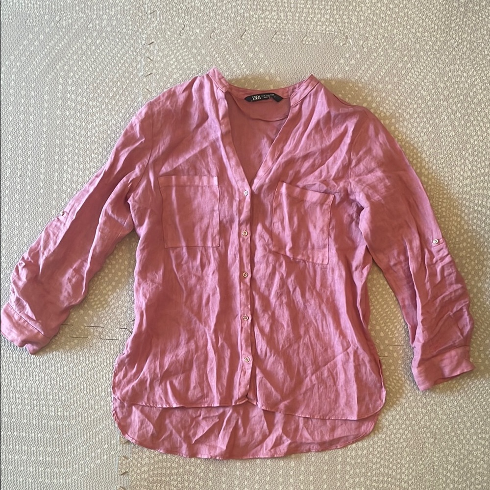 Zara Linen Pink 3/4 Sleeve Notched Collar Button Down Shirt